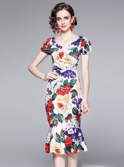 Summer Short Sleeve Hip Slim Print Dress