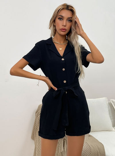 V-neck Cotton Lapels Jumpsuit