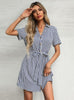 Striped Lapel Short Sleeve Lace-up Shirt Dress