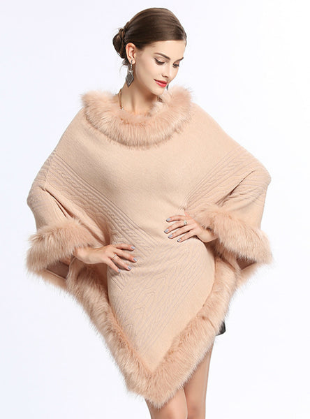 Fox Like Fur Collar Round Pullover Sweater Cape Shawl
