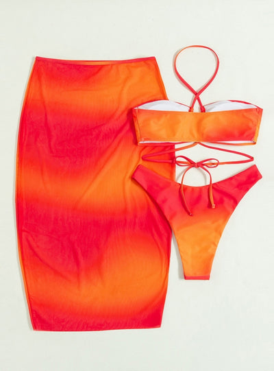 Orange Halter Mesh Three-piece Split Swimsuit