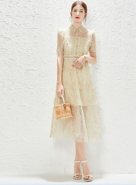 Yellow Short Sleeve Lace Dress