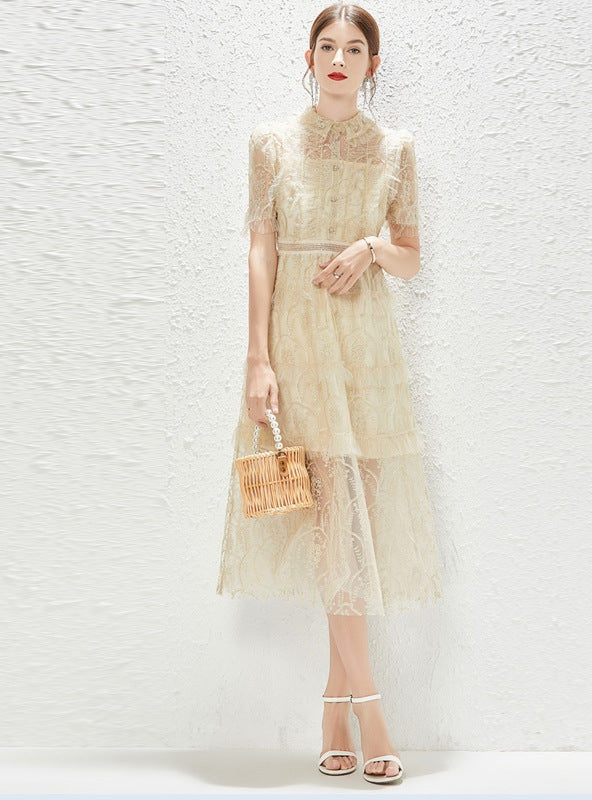 Yellow Short Sleeve Lace Dress
