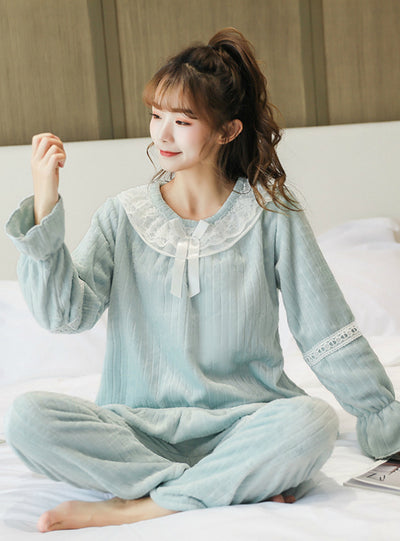 Flannel Pajamas Trousers Solid Lace Sweet Sleepwear