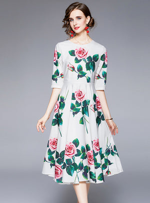 White Short Sleeve Rose Print Dress