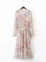 Long Sleeve Floral Dress Elastic Waist Casual Midi Dress