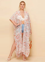 Flower Short Sleeve Chiffon Loose Long Split Coat