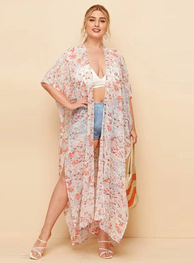 Flower Short Sleeve Chiffon Loose Long Split Coat