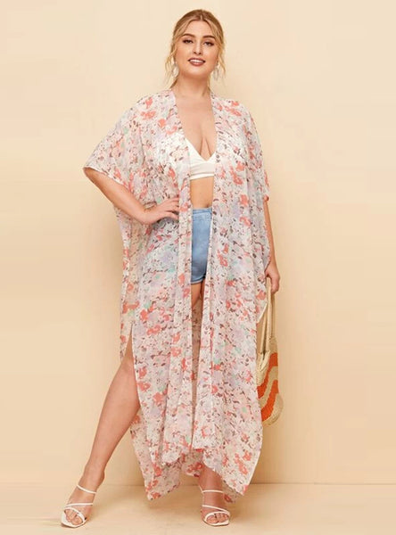 Flower Short Sleeve Chiffon Loose Long Split Coat