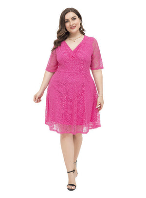 Fuchsia Lace V-neck Short SLeeve Party Dress