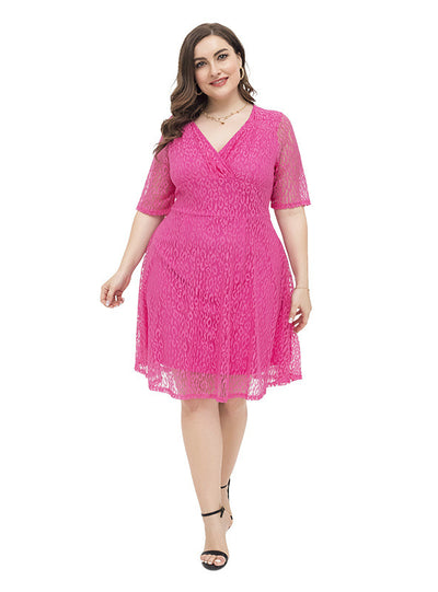 Fuchsia Lace V-neck Short SLeeve Party Dress