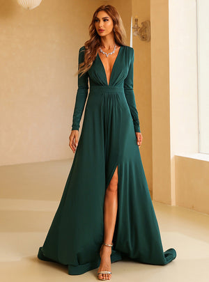 Green Split Long Sleeve Evening Dress