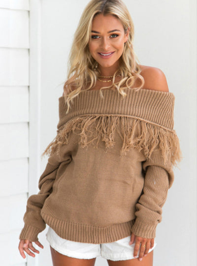 Contrast Stitching Long Sleeve Off Shoulder Sweater