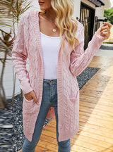 Long Solid Color Pocket Hooded Twist Cardigan Coat