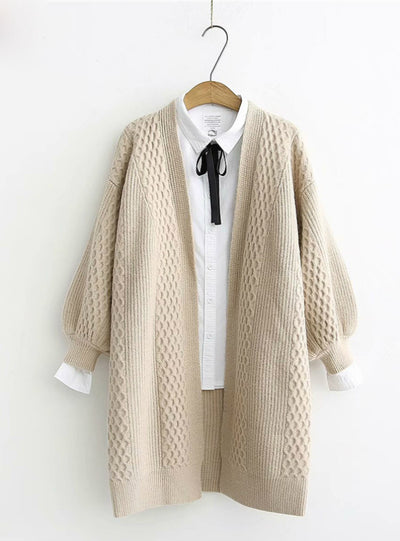 V neck Lantern Sleeve Open Stitch Loose Sweater Jacket
