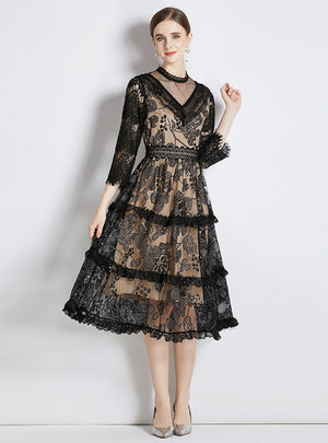 Sexy Hollow Long-sleeved Lace Dress