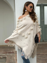 Fringe Fur Ball Beaded Round Neck Sweater Cloak