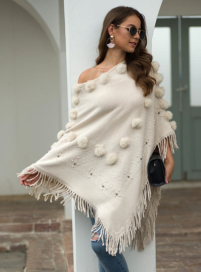 Fringe Fur Ball Beaded Round Neck Sweater Cloak