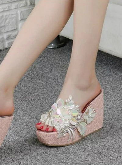 Beaded Flowers Platform Wedges Women Slippers