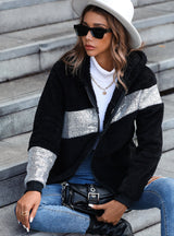 Hooded Sequins Stitching Zipper Fleece Jacket