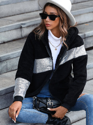 Hooded Sequins Stitching Zipper Fleece Jacket