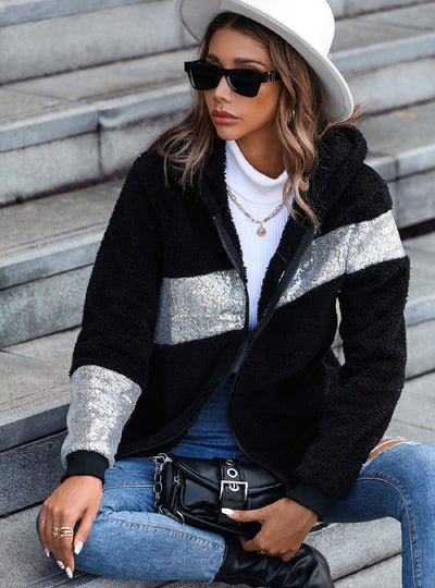 Hooded Sequins Stitching Zipper Fleece Jacket