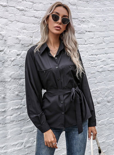 Long Sleeve Cardigan Black Lapel Shirt