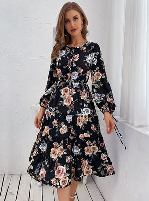 Women Button Print Long Sleeve Dress