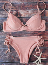 Pink Bikini Cami Lace Up Bikini Set 