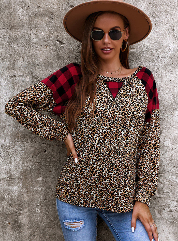 Leopard Print Stitching Long Sleeve T-shirt