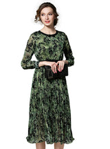 Green Pleated Chiffon Dress Vintage Printed