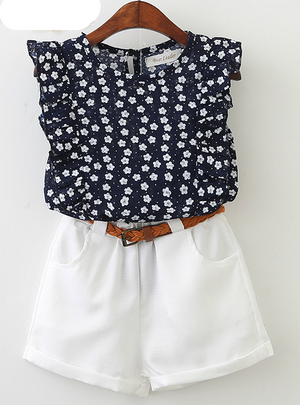 Flowers Blue T-shirt+ White Pants With Pu