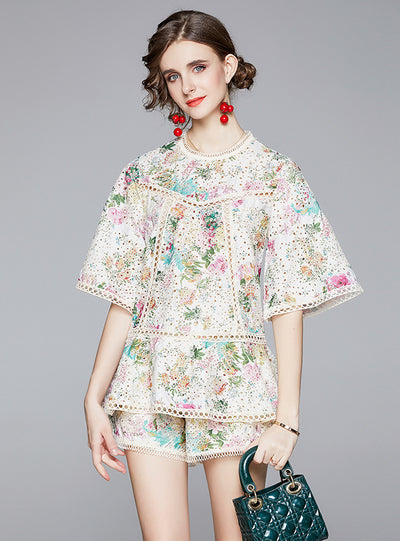 Embroidered Printed Top Shorts Floral Two-piece Set