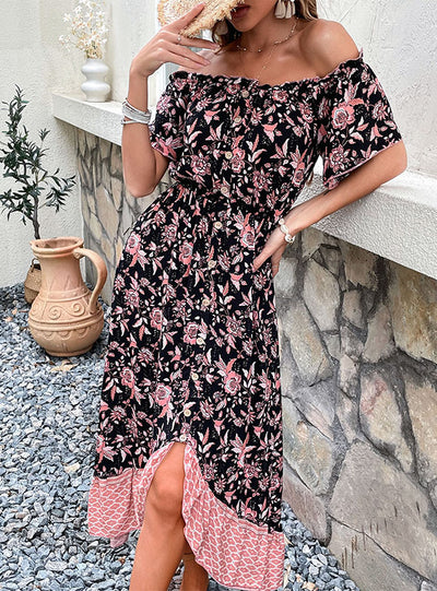Irregular Print Collar Floral Dress