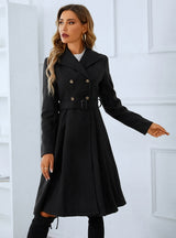 Double-breasted Woolen Cloth Black Coat with Belt