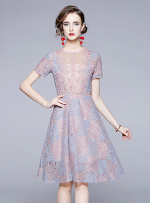 Spliced High Waist Slim Two-color Lace Dress