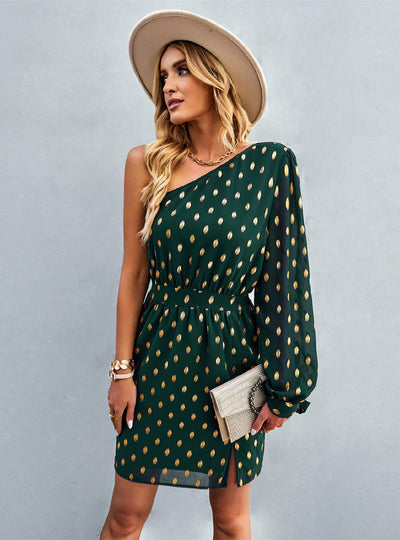 Women Chiffon One Shoulder Long Sleeve Dress