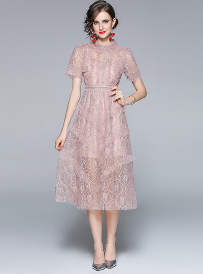 Heavy Embroidery Lace Lapel Fauze Dress
