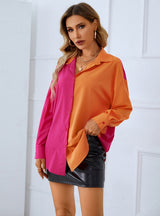 Stitching Satin Long Sleeve Shirt Top