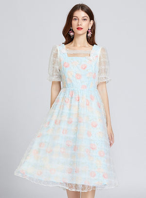 Blue Bubble Sleeve Lace Super Fairy Dress