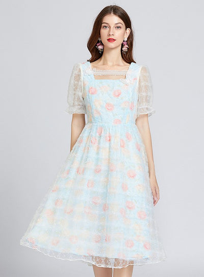 Blue Bubble Sleeve Lace Super Fairy Dress