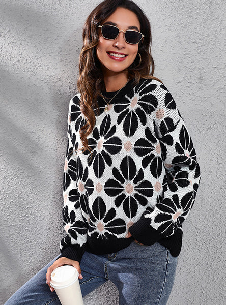 Flower Color Matching Long Sleeve Knitted Sweater