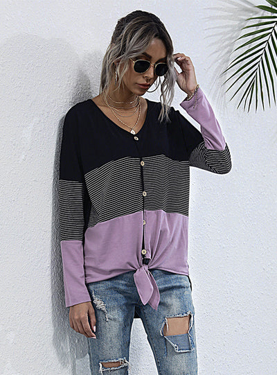 Loose V-Neck Long Sleeve Spliced Striped T-shirt