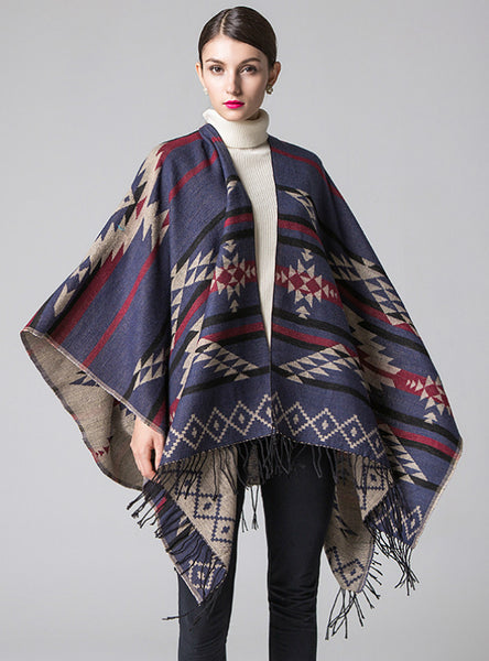 Geometric Rhombic Tassel Cape With Split Shawl