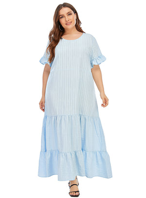 Round Neck Sleeve Hollow Blue Swing Dress