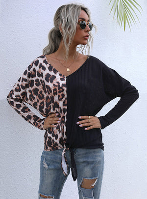 Black Leopard Print Shirt Knitted Base T-shirt