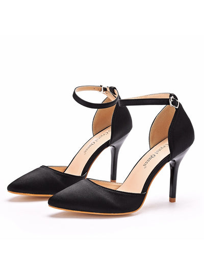 Black Silk Satin Pointed High-heeled Sandals