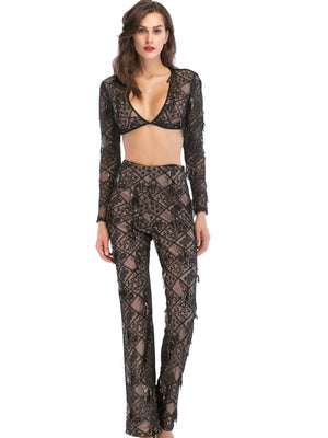 V-neck Long-sleeved Sequined Pant Suit