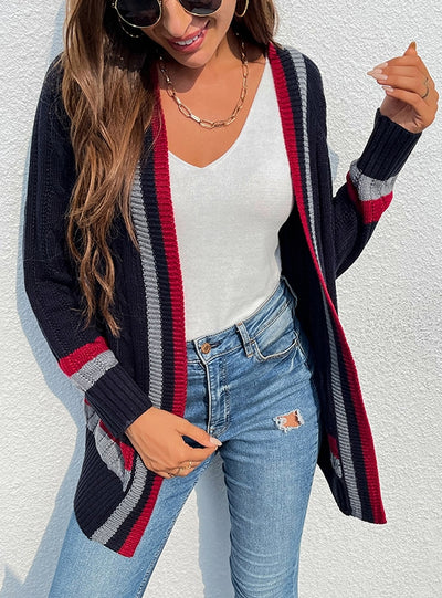 Long Striped Pocket Knitted Cardigan