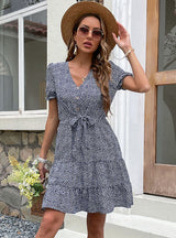 Printed Cake Bubble Sleeve Lace-up Dress